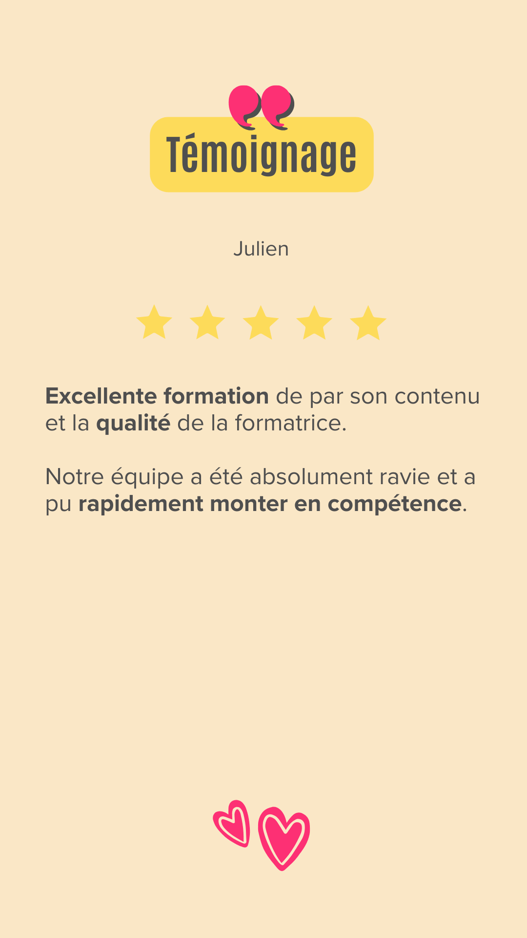Excellente formation de par son contenu et la qualité de la formatrice.

Notre équipe a été absolument ravie et a pu rapidement monter en compétence.