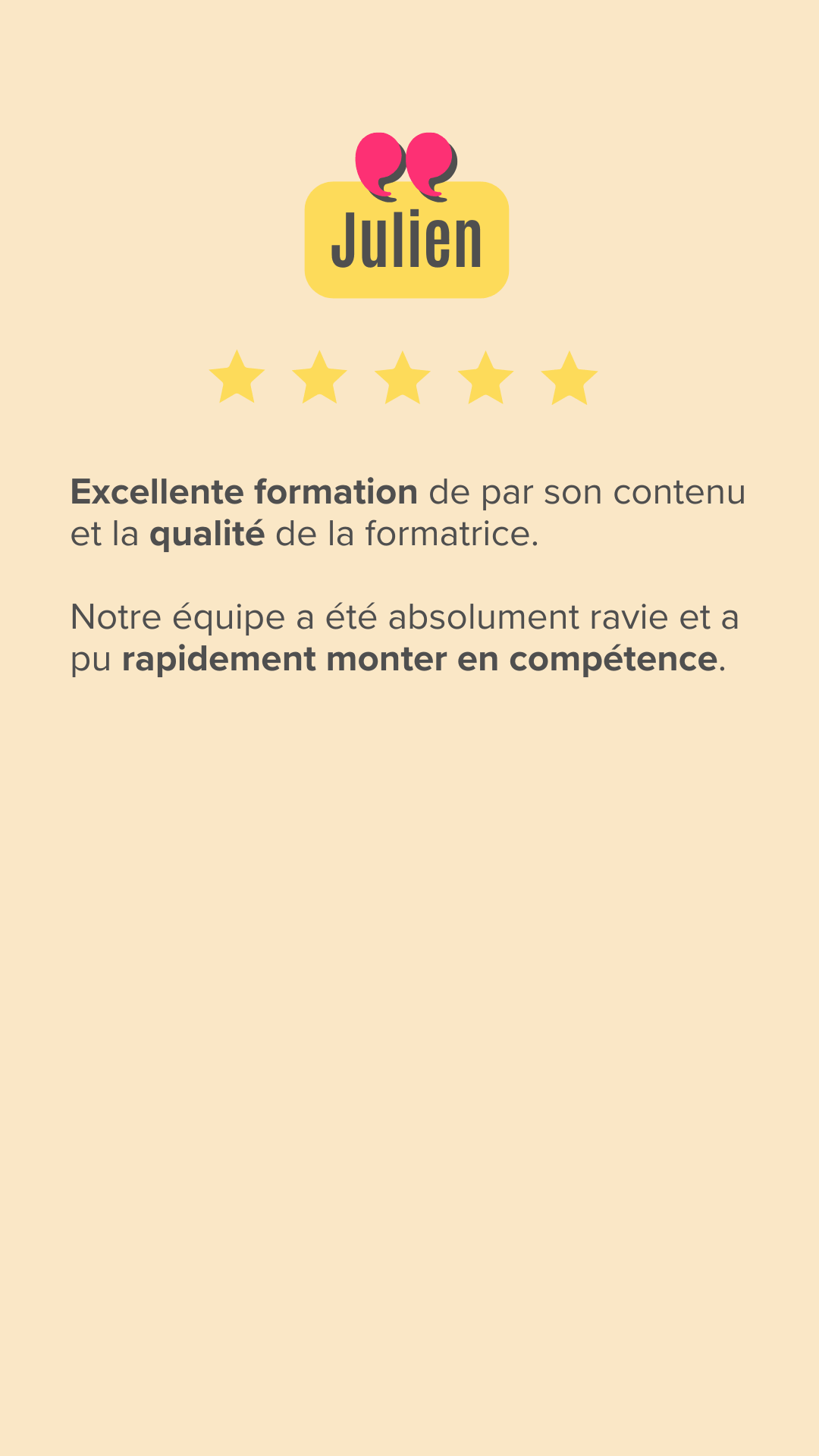 Excellente formation de par son contenu et la qualité de la formatrice.

Notre équipe a été absolument ravie et a pu rapidement monter en compétence.